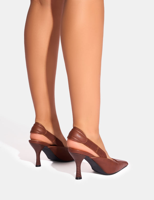 Public Desire Malia Vintage Brown Fold Over Detail Cushioned Slingback Court Heels