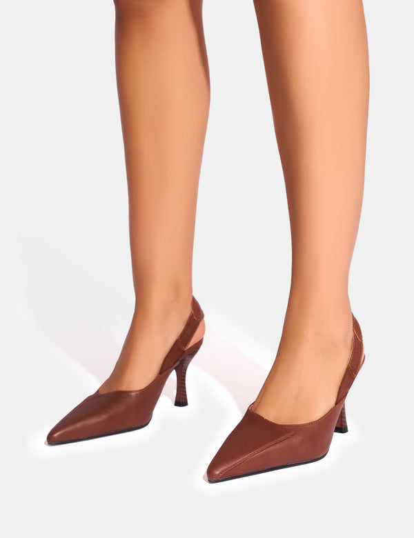 Public Desire Malia Vintage Brown Fold Over Detail Cushioned Slingback Court Heels