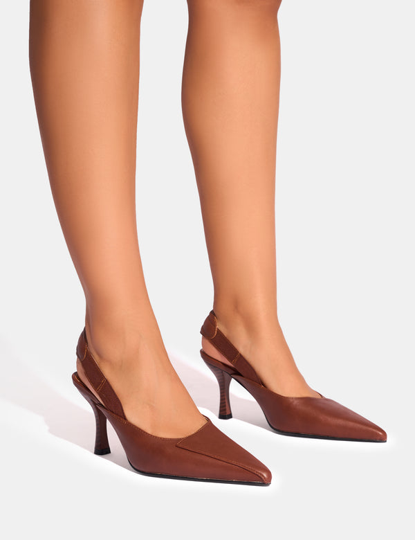 public desire Malia Vintage Brown Fold Over Detail Cushioned Slingback Court Heels