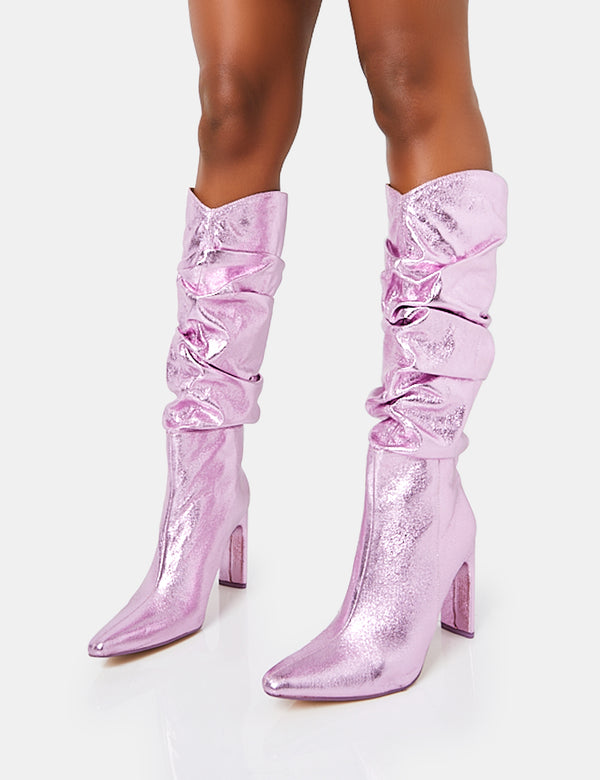 Public Desire Manhattan Metallic Pink Pointed Toe Knee High Narrow Block Heel Boots