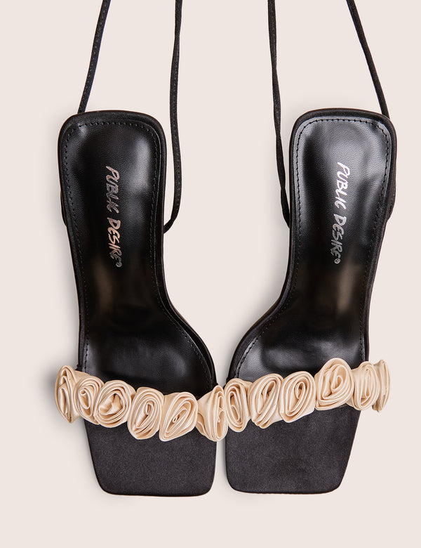 Public Desire Marigold Black Satin Cream Rose Detail Lace Up Heels