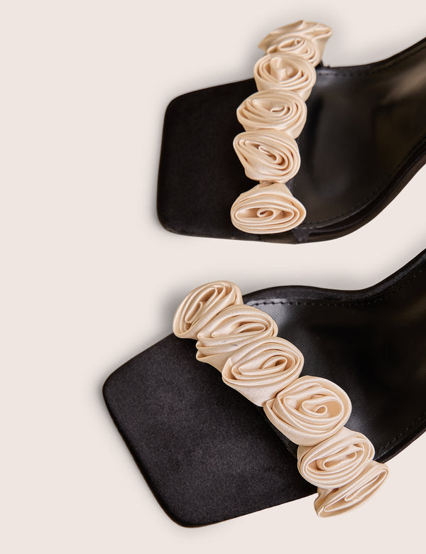 Public Desire Marigold Black Satin Cream Rose Detail Lace Up Heels