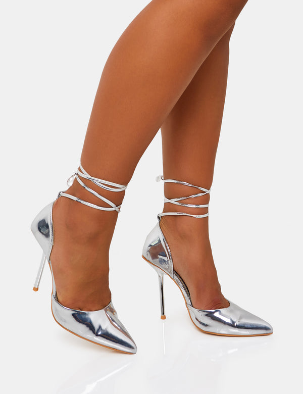Public Desire Masterpiece Silver Metallic Mirror Pointed Toe Court Stiletto Heels