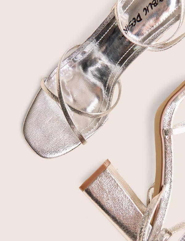 Public Desire Matilda Silver Pu Strappy Block High Heels