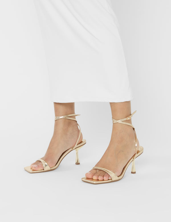 Public Desire Mawu Cracked Gold Pu Strappy Barely There Mid Heels