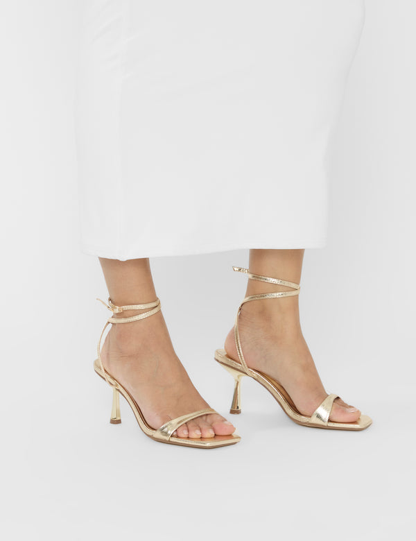 Public Desire Mawu Cracked Gold Pu Strappy Barely There Mid Heels