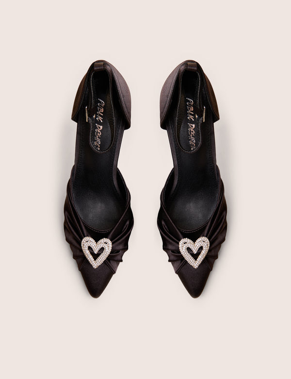 Public Desire Meant To Be Black Satin Diamante Heart Court Stiletto Heel