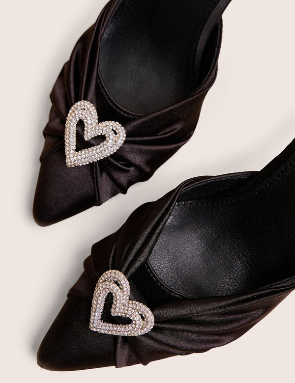 Public Desire Meant To Be Black Satin Diamante Heart Court Stiletto Heel