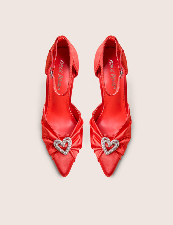 Public Desire Meant To Be Red Satin Diamante Heart Court Stiletto Heel