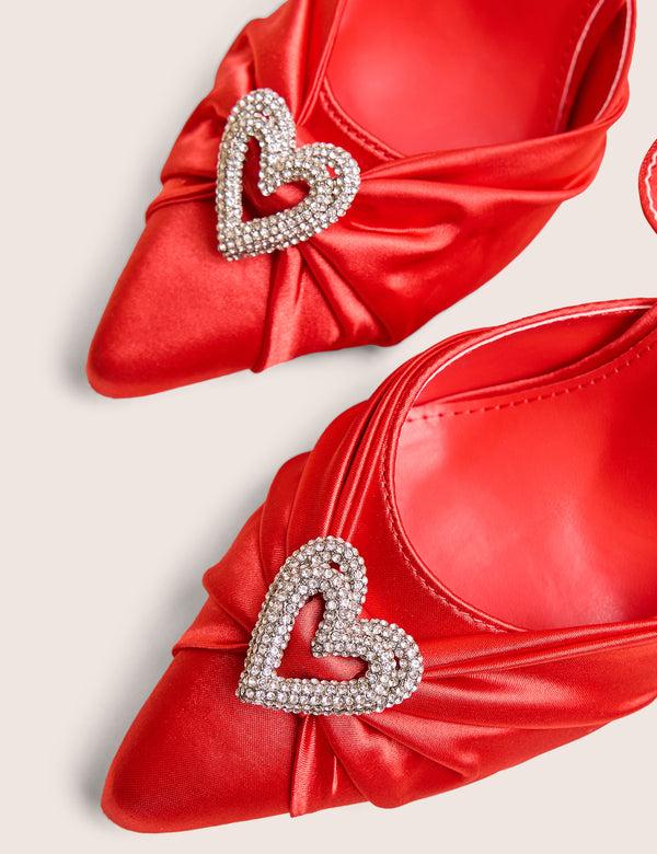 Public Desire Meant To Be Red Satin Diamante Heart Court Stiletto Heel