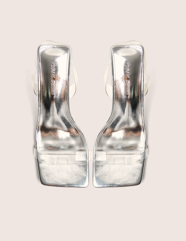 Public Desire Merge Up Wide Fit Silver Perspex Square Toe Slingback Mid Heels