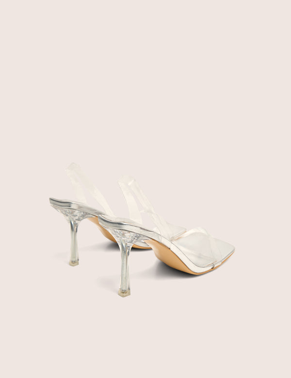 Public Desire Merge Up Wide Fit Silver Perspex Square Toe Slingback Mid Heels