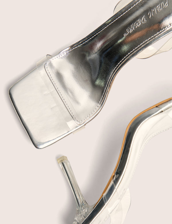 Public Desire Merge Up Wide Fit Silver Perspex Square Toe Slingback Mid Heels