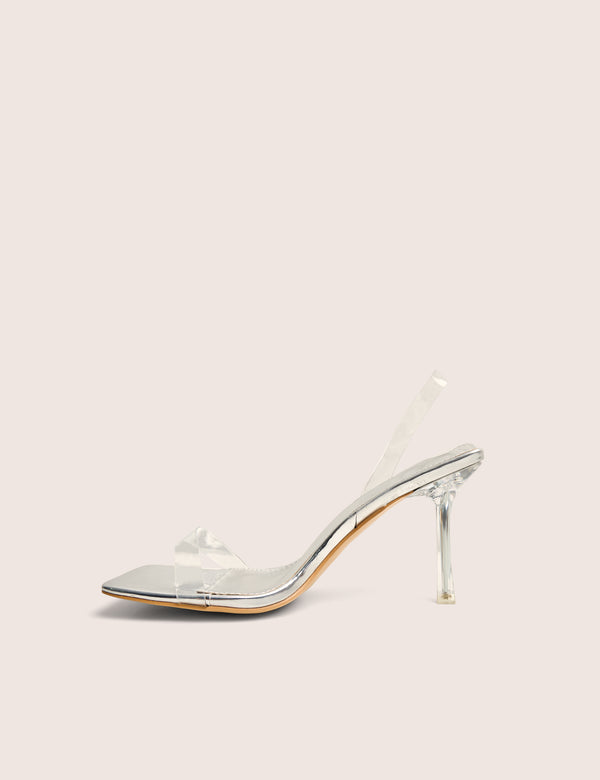 public desire Merge Up Wide Fit Silver Perspex Square Toe Slingback Mid Heels