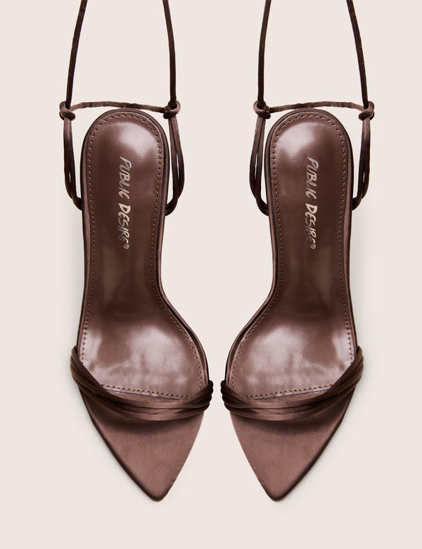 Public Desire Merlot Brown Satin Lace Up Wrap Around Pointed Toe Stiletto Heels