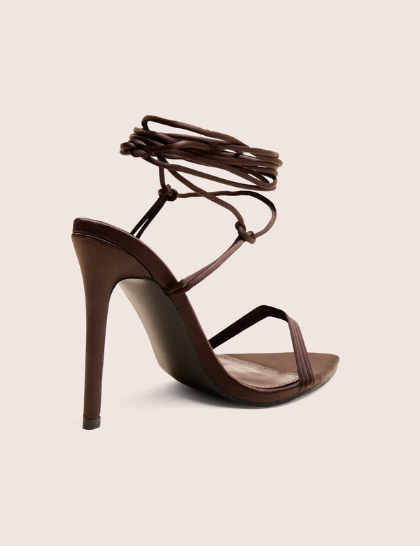 Public Desire Merlot Brown Satin Lace Up Wrap Around Pointed Toe Stiletto Heels