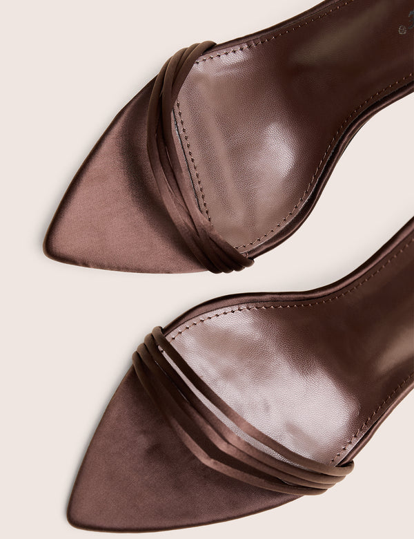 Public Desire Merlot Brown Satin Lace Up Wrap Around Pointed Toe Stiletto Heels