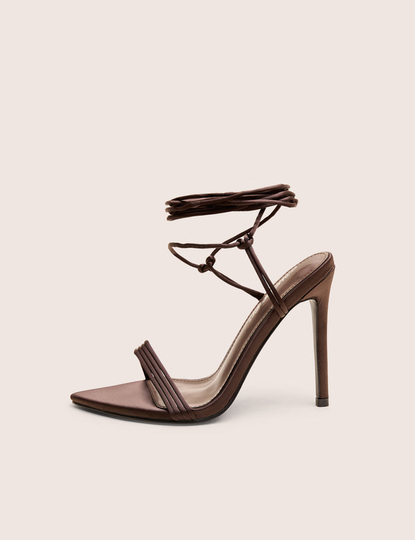 public desire Merlot Brown Satin Lace Up Wrap Around Pointed Toe Stiletto Heels