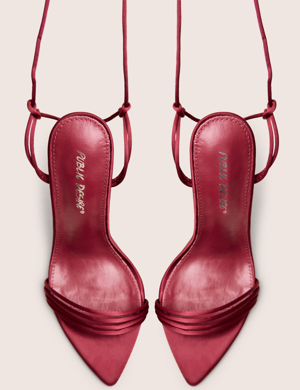 Public Desire Merlot Burgundy Satin Lace Up Wrap Around Pointed Toe Stiletto Heels