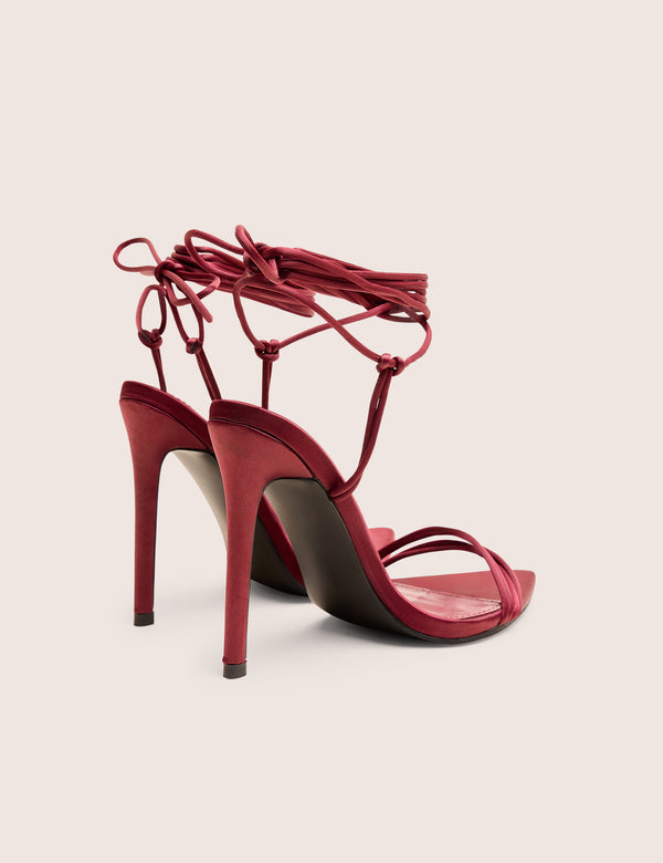 Public Desire Merlot Burgundy Satin Lace Up Wrap Around Pointed Toe Stiletto Heels