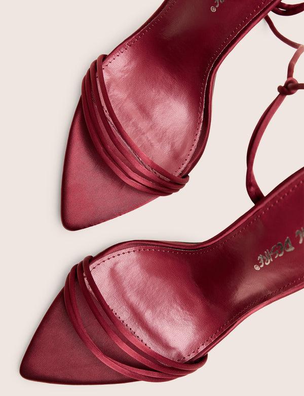 Public Desire Merlot Burgundy Satin Lace Up Wrap Around Pointed Toe Stiletto Heels