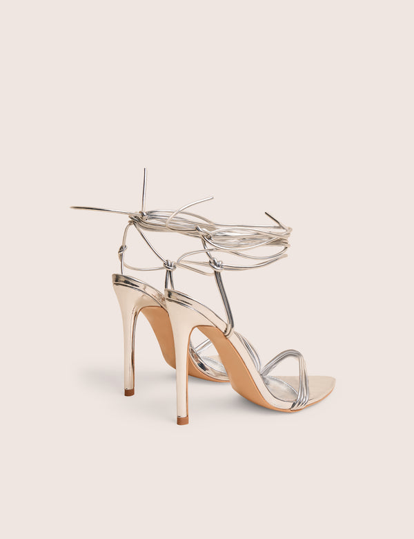 Public Desire Merlot Mirror Silver Pu Lace Up Wrap Around Pointed Toe Stiletto Heels