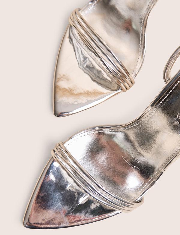 Public Desire Merlot Mirror Silver Pu Lace Up Wrap Around Pointed Toe Stiletto Heels