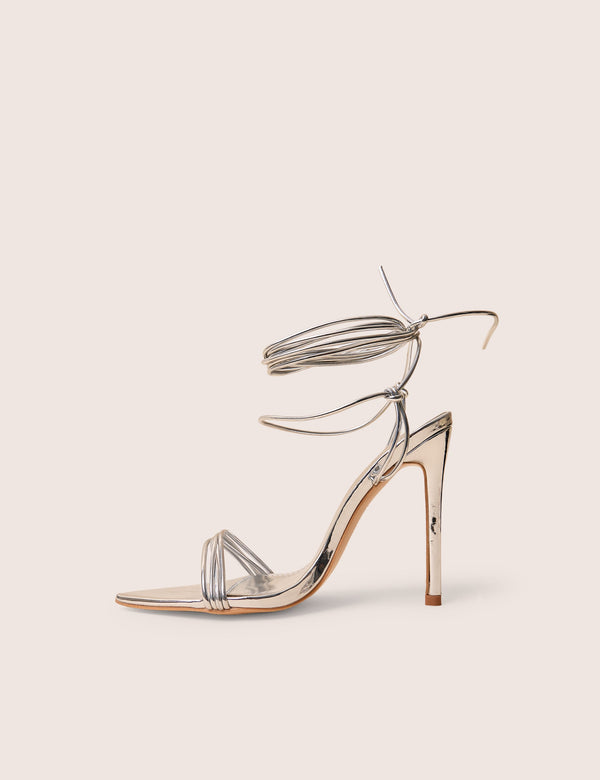 public desire Merlot Mirror Silver Pu Lace Up Wrap Around Pointed Toe Stiletto Heels