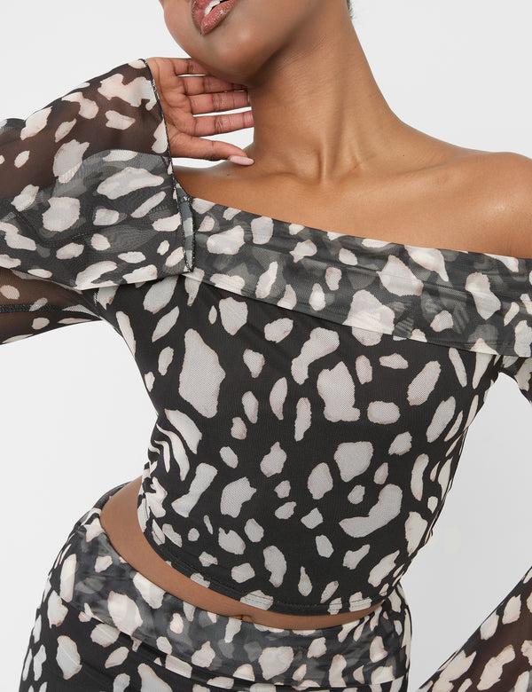 Public Desire Mesh Bardot Fold Over Long Sleeve Crop Top Animal Print