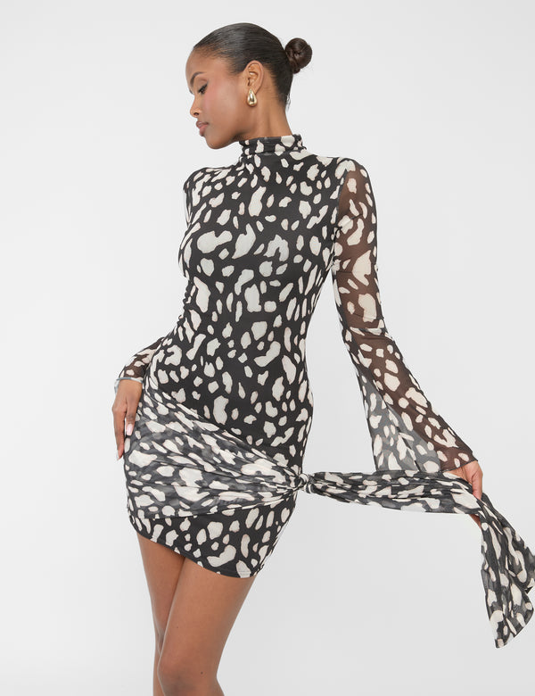 Public Desire Mesh Knot Detail High Neck Mini Dress Animal Print