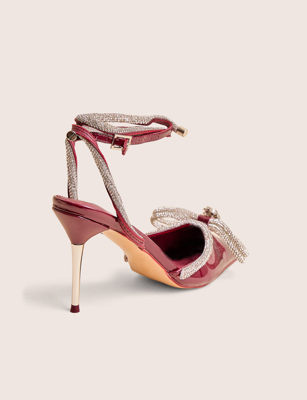 Public Desire Midnight Burgundy Patent Wrap Around Diamante Pointed Court Mid Heel