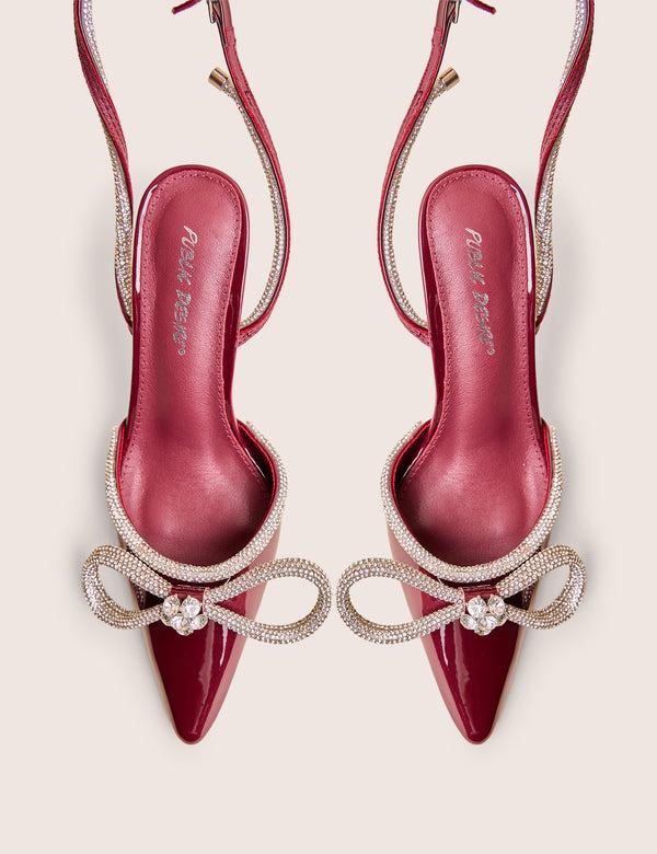 Public Desire Midnight Burgundy Patent Wrap Around Diamante Pointed Court Mid Heel