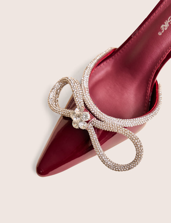 Public Desire Midnight Burgundy Patent Wrap Around Diamante Pointed Court Mid Heel