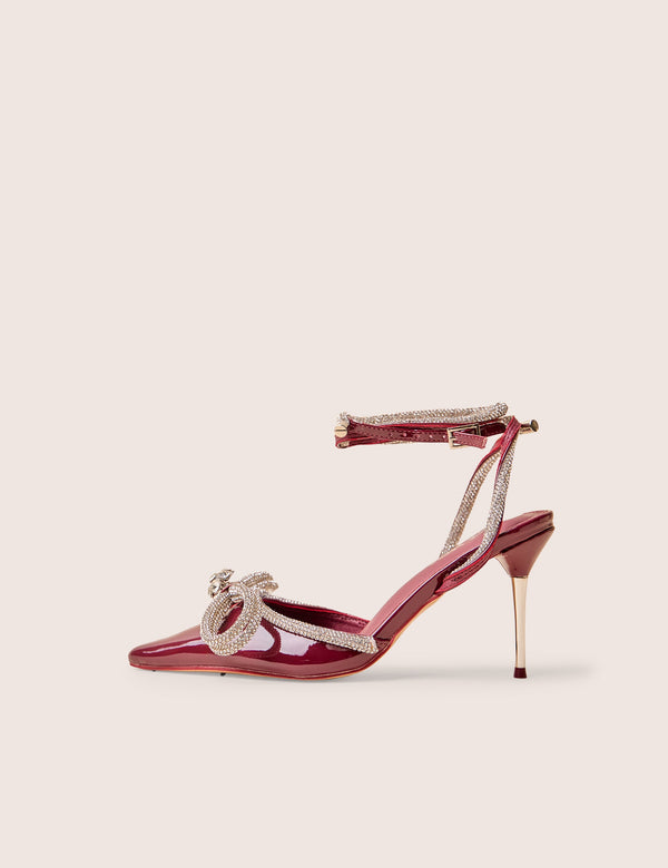 public desire Midnight Burgundy Patent Wrap Around Diamante Pointed Court Mid Heel