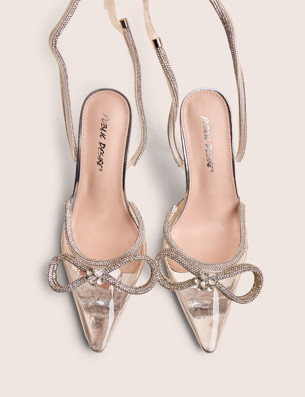 Public Desire Midnight Clear Perspex Wrap Around Diamante Bow Pointed Toe High Heels