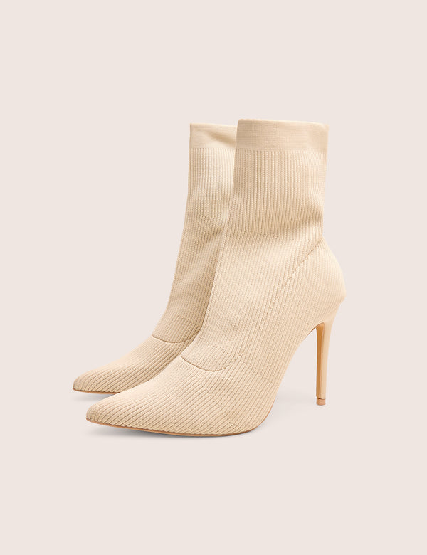 Public Desire Mirival Off White Knitted Stiletto Sock Pointed Toe Ankle Boots