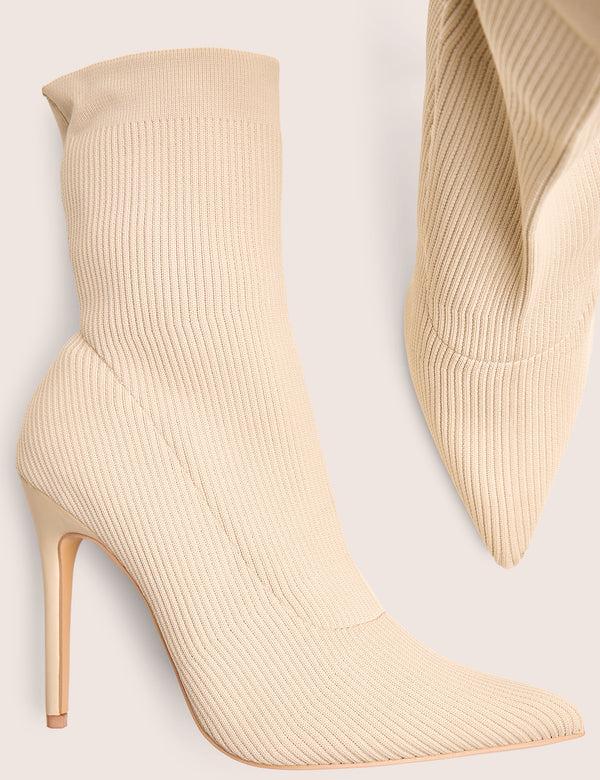 Public Desire Mirival Off White Knitted Stiletto Sock Pointed Toe Ankle Boots