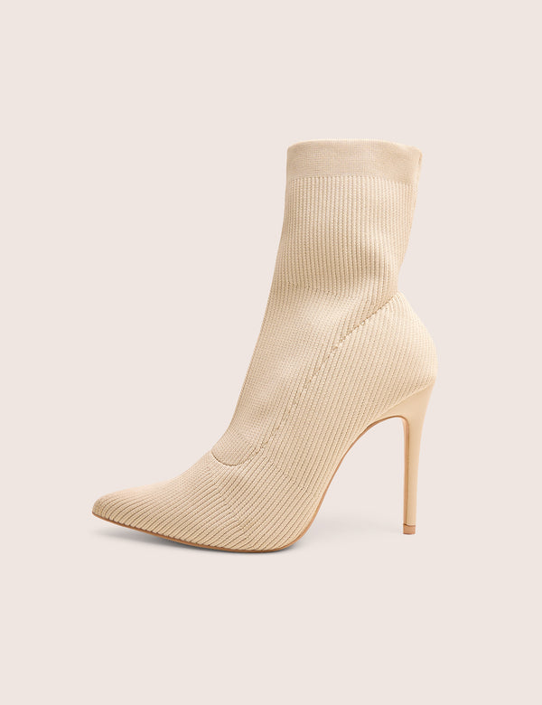 public desire Mirival Off White Knitted Stiletto Sock Pointed Toe Ankle Boots