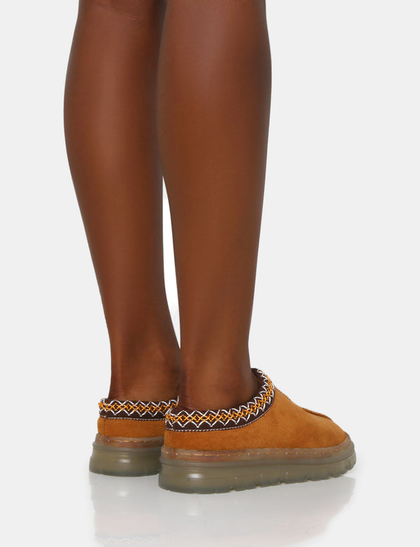 Public Desire Nala Tan Faux Suede Embroidered Slipper Platform Boots