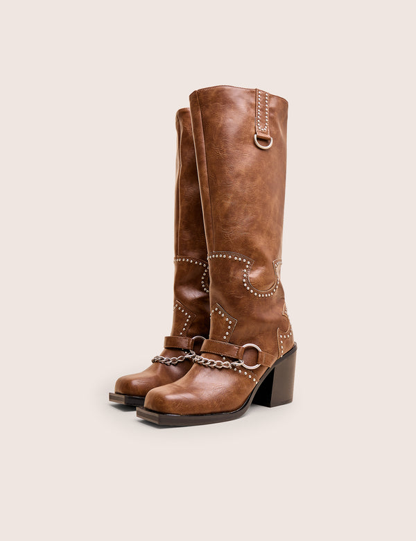 Public Desire Nashville Vintage Brown Western Studded Block Heel Knee High Boot