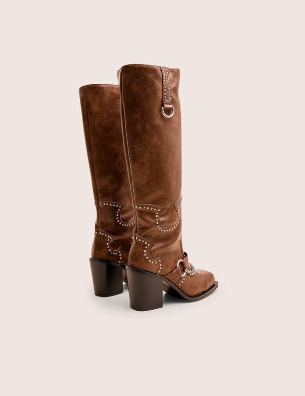 Public Desire Nashville Vintage Brown Western Studded Block Heel Knee High Boot