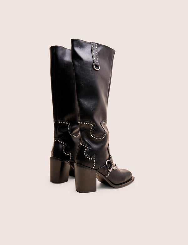 Public Desire Nashville Wide Fit Black Western Studded Block Heel Knee High Boot