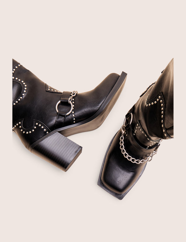 Public Desire Nashville Wide Fit Black Western Studded Block Heel Knee High Boot