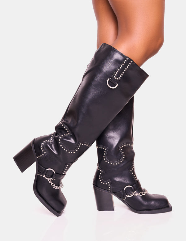 Public Desire Nashville Wide Fit Black Western Studded Block Heel Knee High Boot