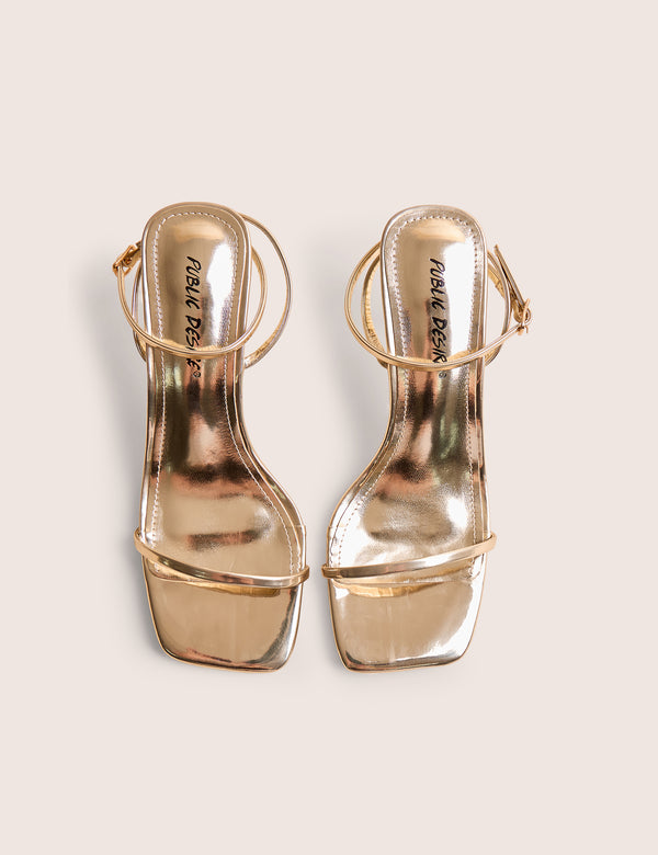 Public Desire Natalya Gold Barely There Square Toe Stiletto Mid Heels