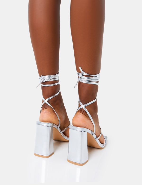 Public Desire Natty Silver Pu Lace Up Square Toe Mid Block Heels