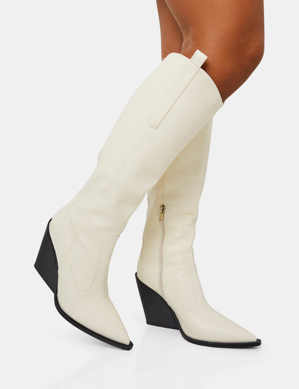 Public Desire Nevada Ecru Western Cowboy Pointed Toe Block Heel Knee High Boots