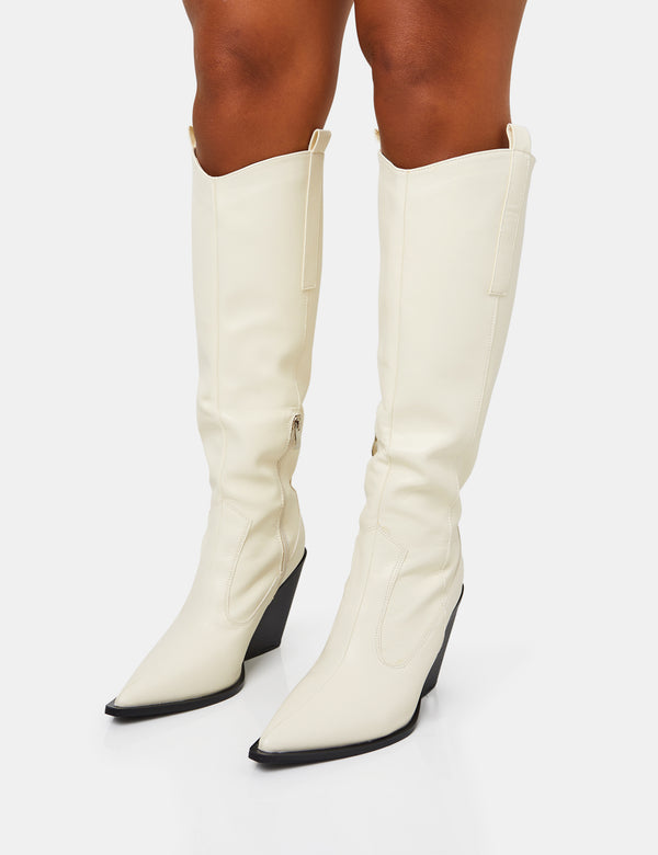 Public Desire Nevada Ecru Western Cowboy Pointed Toe Block Heel Knee High Boots