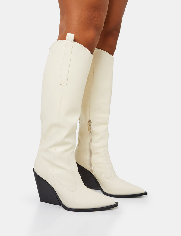 public desire Nevada Ecru Western Cowboy Pointed Toe Block Heel Knee High Boots