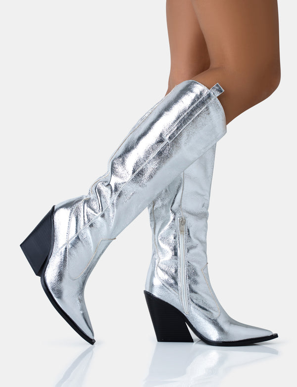 Public Desire Nevada Silver Metallic Wide Fit Western Block Heel Knee High Boots